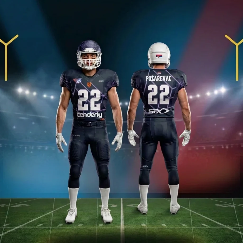 Dres za američki fudbal Sportex — model 16, prednji i zadnji prikaz na igračima u punoj opremi
