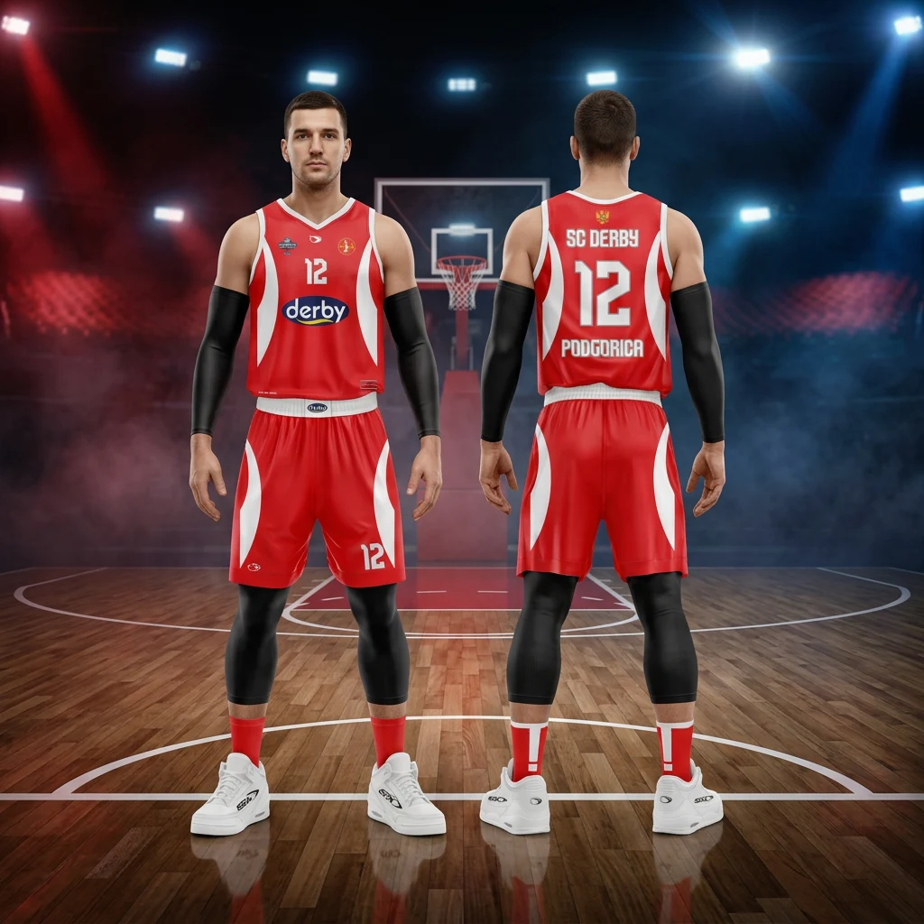 Košarkaški dres i šorc Sportex — model 13, crveno-beli komplet SC Derby Podgorica sa brojem 12, prednji i zadnji prikaz na košarkašima