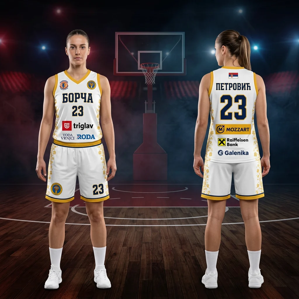 Košarkaški dres i šorc Sportex — model 22, belo-zlatni ženski komplet KK Borča sa brojem 23, prednji i zadnji prikaz na košarkašicama