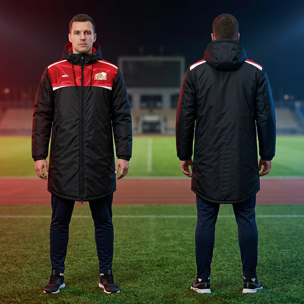 Duga crna zimska jakna sa crvenim ramenima, belim detaljima i kapuljačom — prednji i zadnji prikaz — Sportex model 7