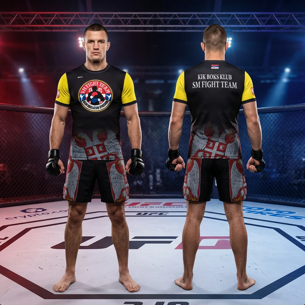 MMA sportski komplet Sportex — model 13, prednji i zadnji prikaz opreme na borcima u oktagonu