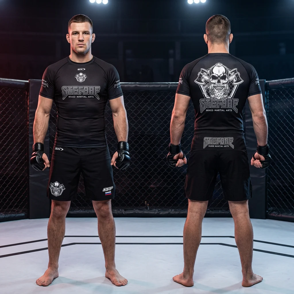 MMA sportski komplet Sportex — model 2, prednji i zadnji prikaz opreme na borcima u oktagonu