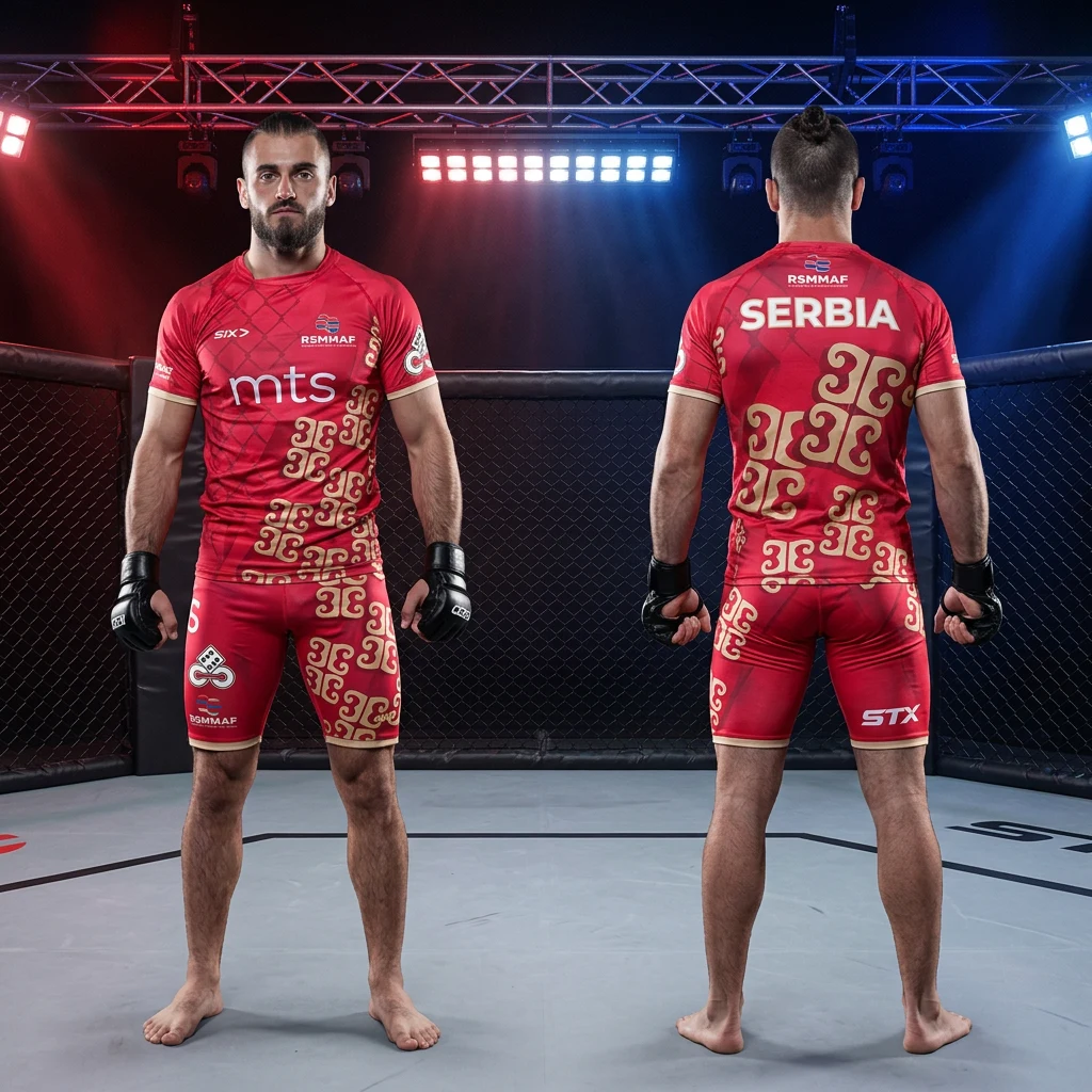 MMA sportski komplet Sportex — model 5, prednji i zadnji prikaz opreme na borcima u oktagonu