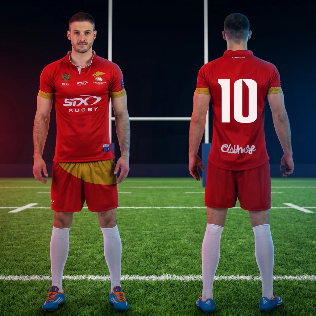 Ragbi dres i šorc Sportex — model 3, prednji i zadnji prikaz kompleta na ragbi igračima